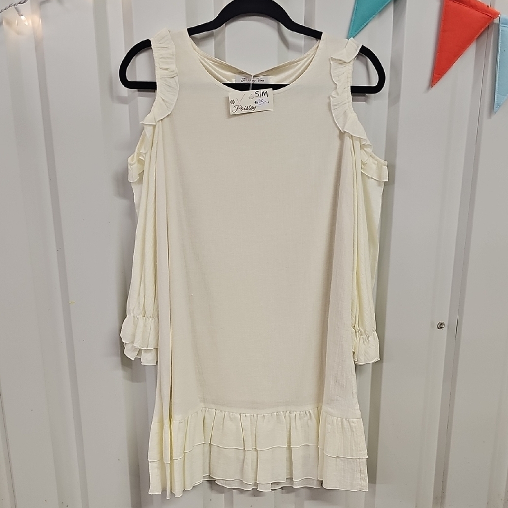 Cream Ruffled Cold Shoulder Midi Sundress - Picture 2 of 5